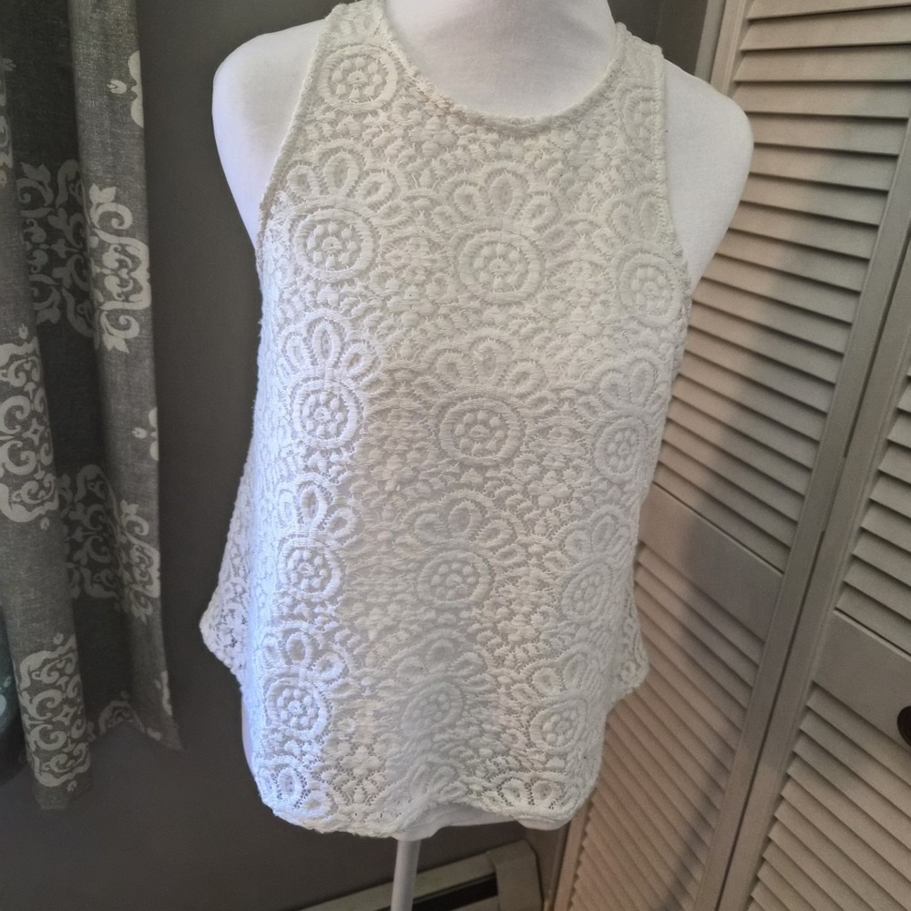 Arizona Jean Co Sleeveless Lace Tank Top White Small Floral Boho High Neck Shell